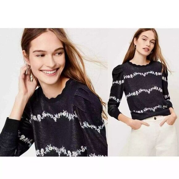 LOFT NWOT Long‎ Sleeve Puff Navy Floral Sweater Small - Picture 1 of 13